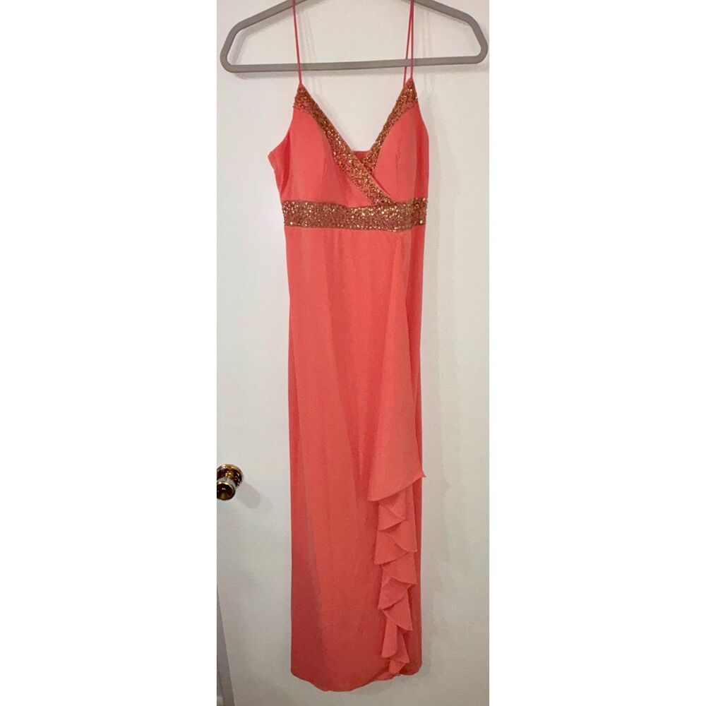 Vintage Y2K De Laru 7/8 Peach Spaghetti Strap Gold Sequined Layered Ruffled Gown
